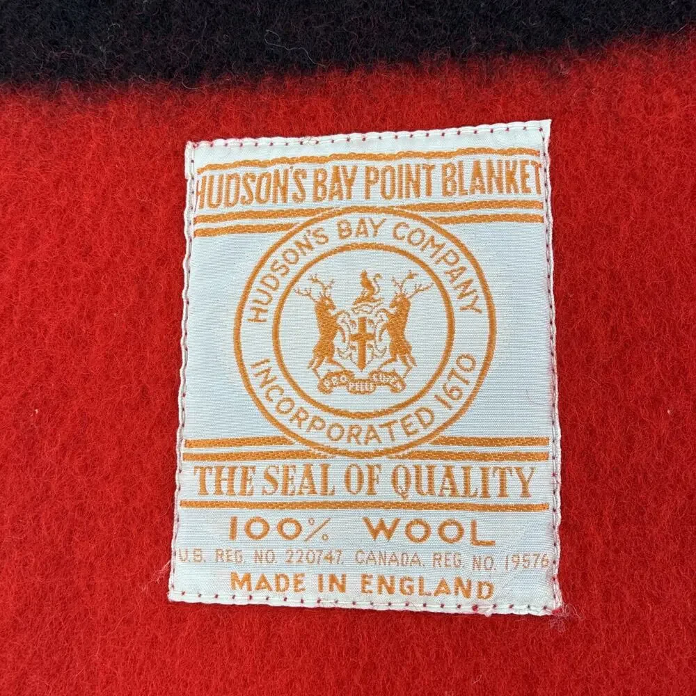 Vintage Hudson Bay Blanket Red Wool Striped 4 Point Queen Gold Label 1930s 84x74